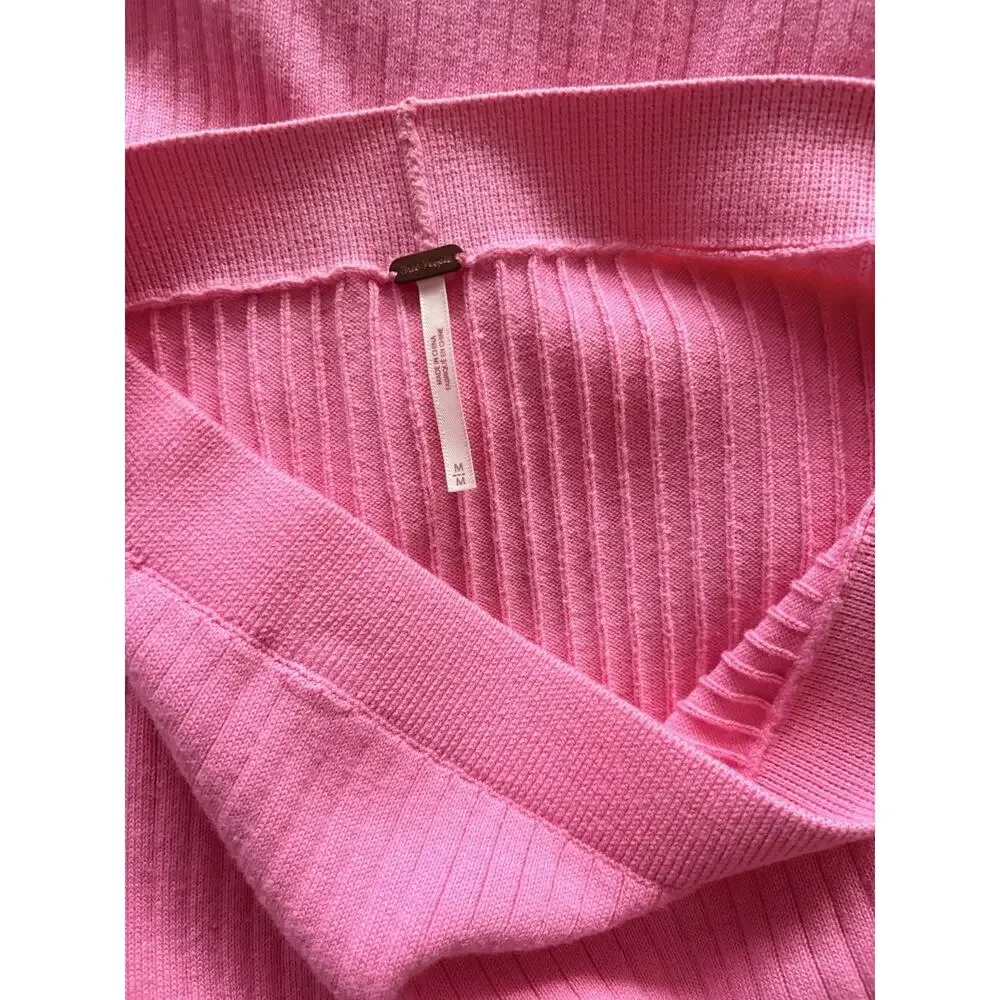 Free People Women's Skyline Ribbed Fitted Pink Front Slit Midi Skirt Size Medium